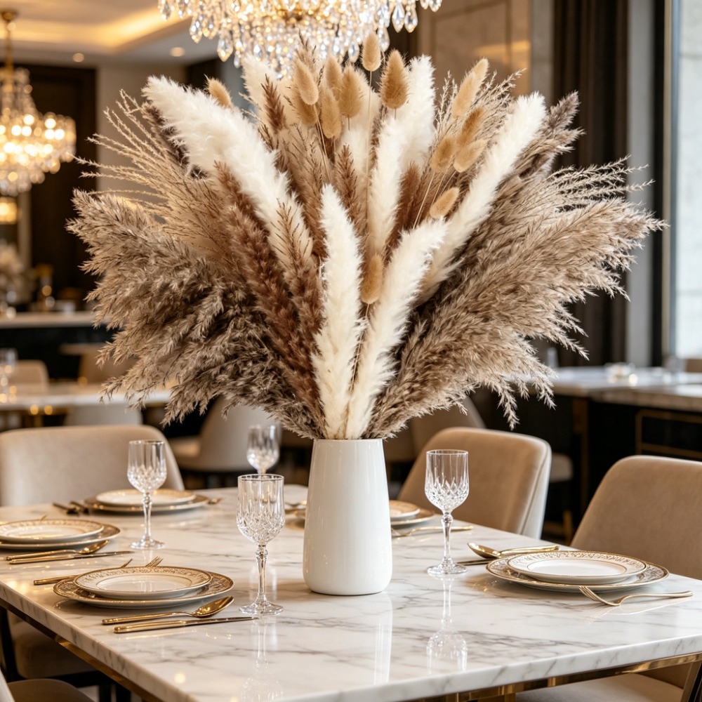 Pampas Grass Decor - 건조 꽃, 갈색과 흰색이 섞인 팜파스