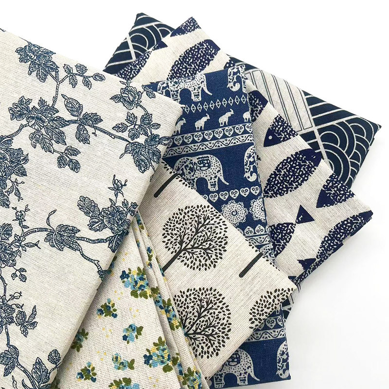 Linen Table Runner - 빈티지 블루 플로럴 코튼 린넨 원단,