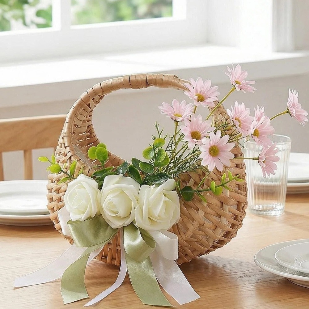 로즈 리본이 달린 라탄 플라워 걸 바구니, 손으로 짠  - Rattan Plant Basket 리뷰 및 가격